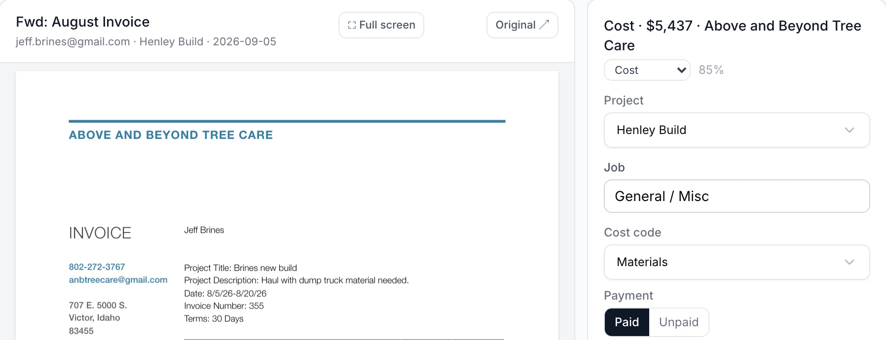 An emailed invoice from a tree care company shown beside Jambr's filing card: cost, $5,437, project Henley Build, job, cost code Materials, paid, and a File it button